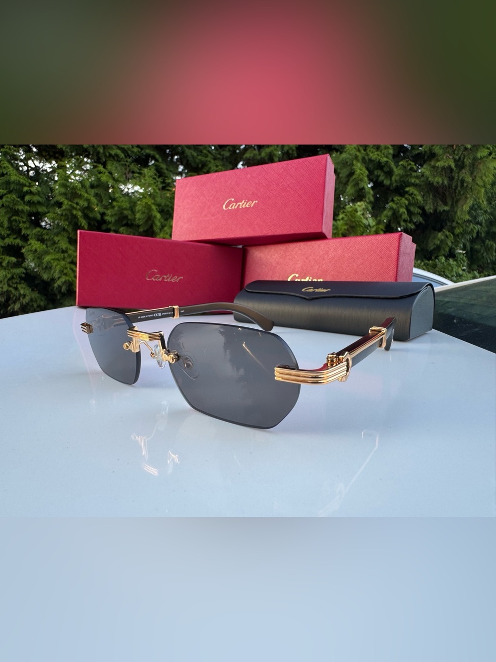 Cartier Rimless Sunglasses with Gold Accents and Gray Lenses